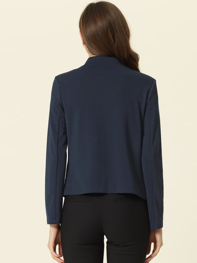 Work Office Stand Collar Long Sleeve Open Front Cropped Blazer