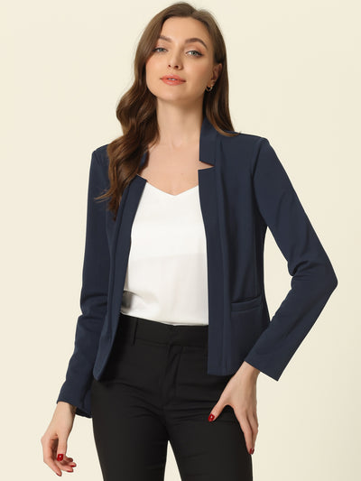 Work Office Stand Collar Long Sleeve Open Front Cropped Blazer