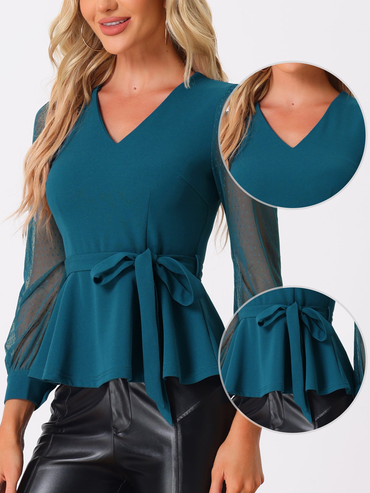 Allegra K Tie Waist Peplum Ruffle Hem Party V Neck Mesh Long Sleeve Blouse