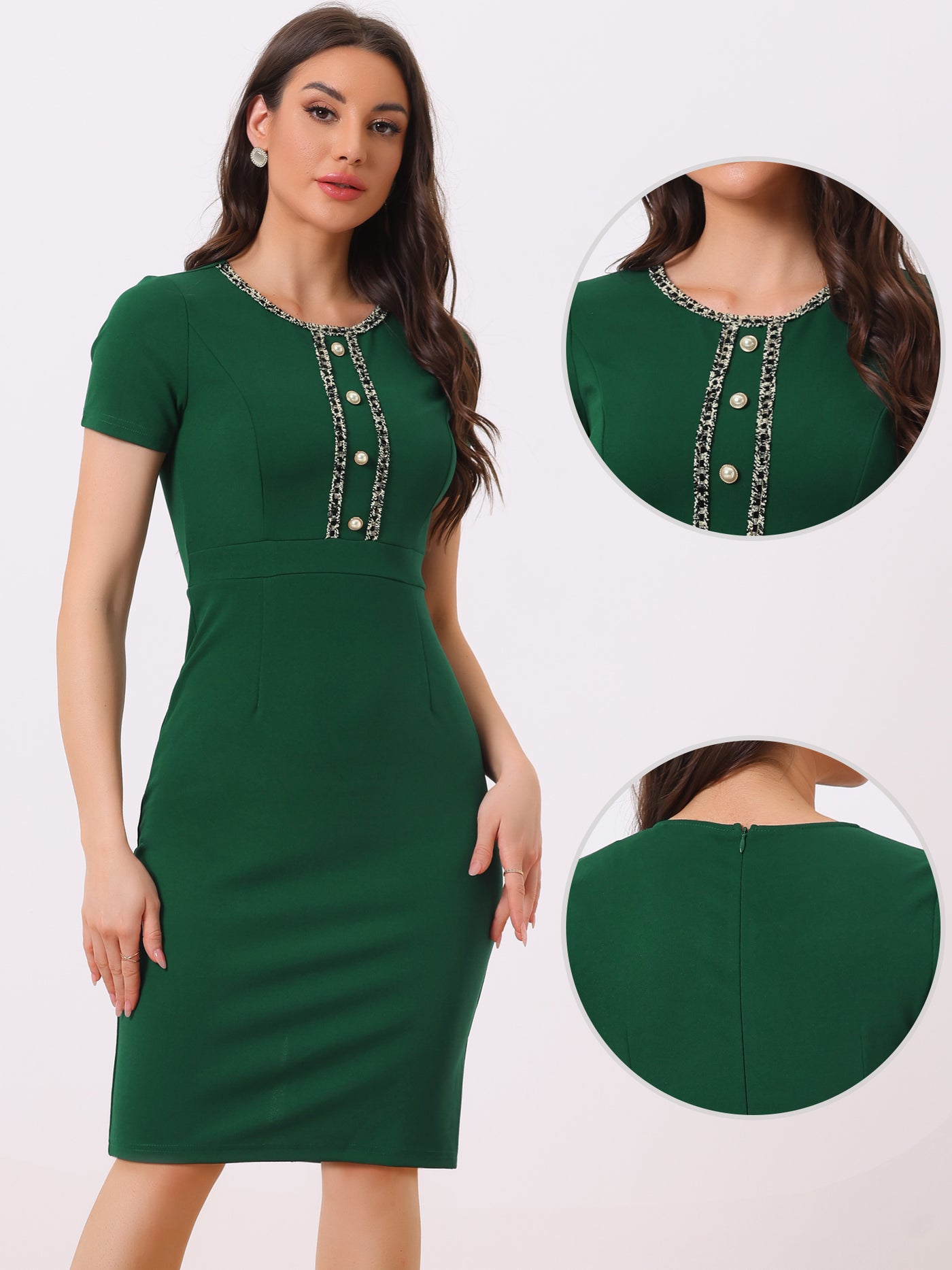 Allegra K Short Sleeve Button Decor Bodycon Sheath Work Midi Dress