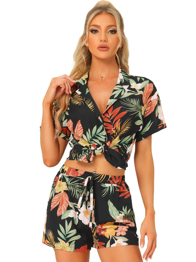 Hawaiian Floral Button Down Shirt Shorts Tropical 2 Pieces Sets