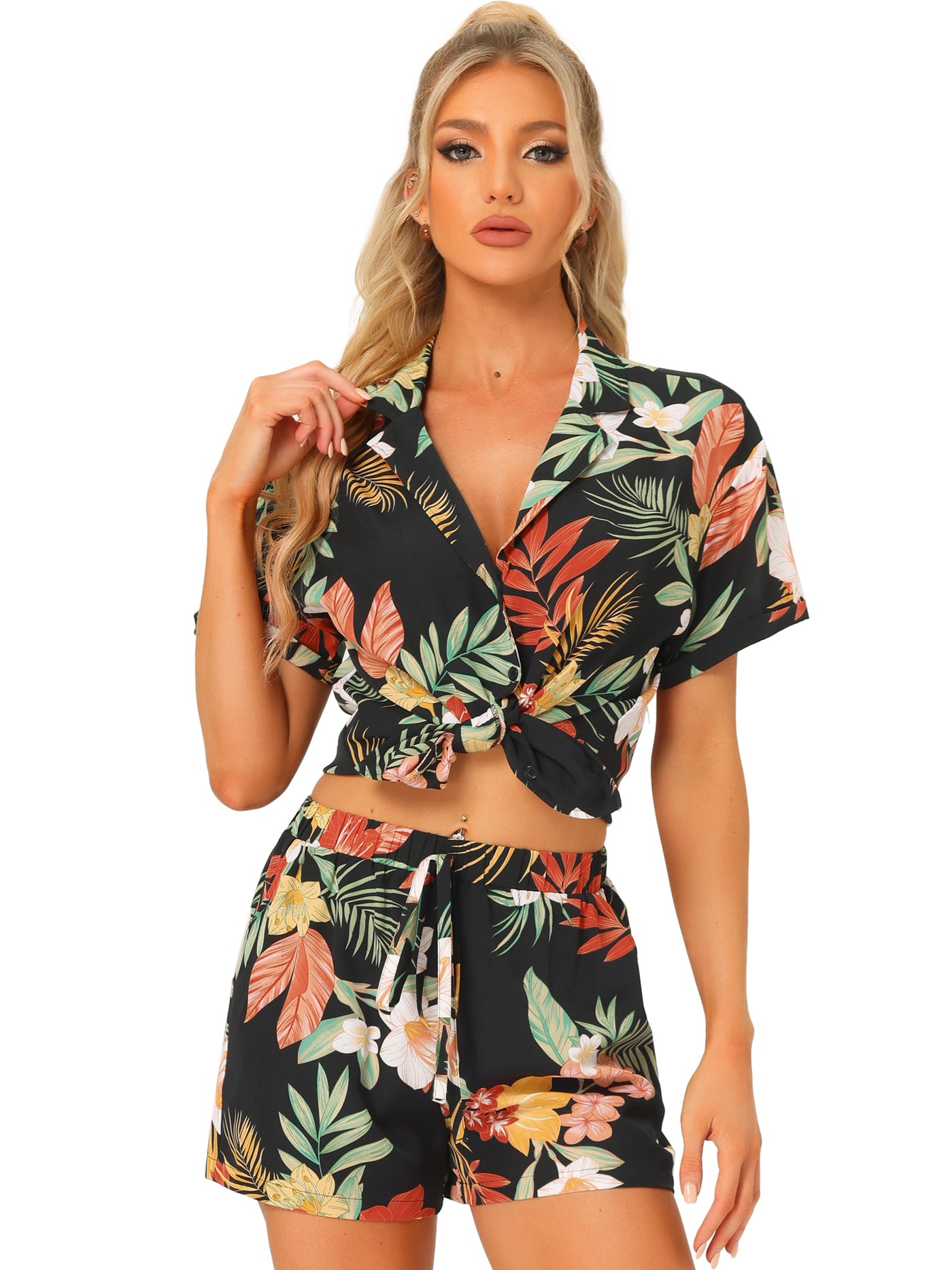 Allegra K Hawaiian Floral Button Down Shirt Shorts Tropical 2 Pieces Sets