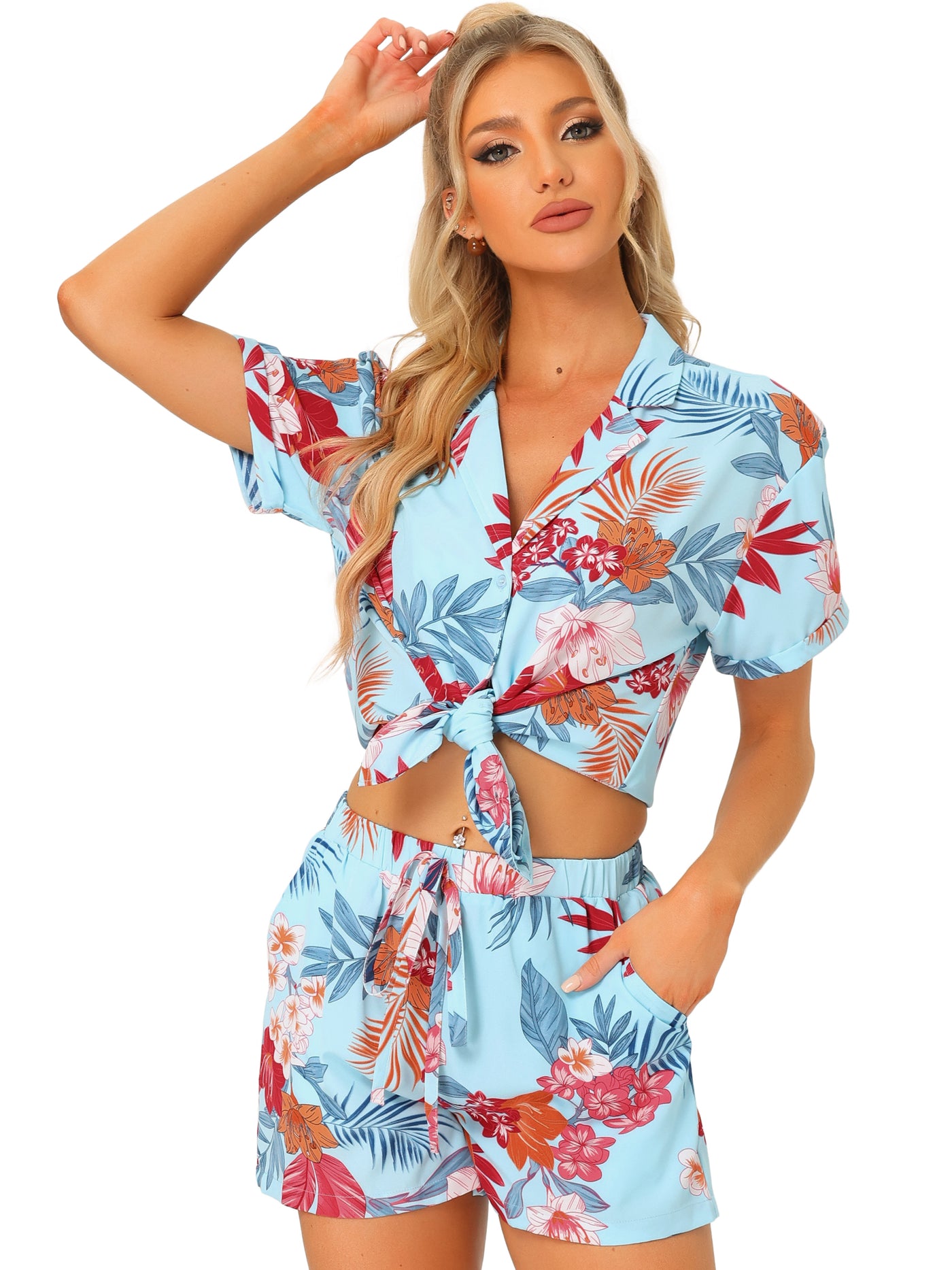 Allegra K Hawaiian Floral Button Down Shirt Shorts Tropical 2 Pieces Sets