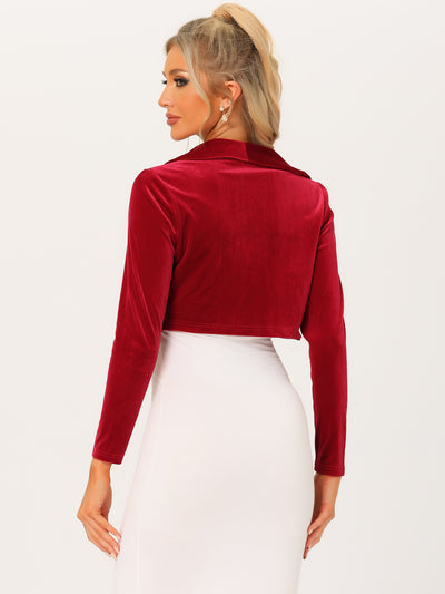 Long Sleeve Lapel Collar Velvet Open Front Cropped Shrug Top