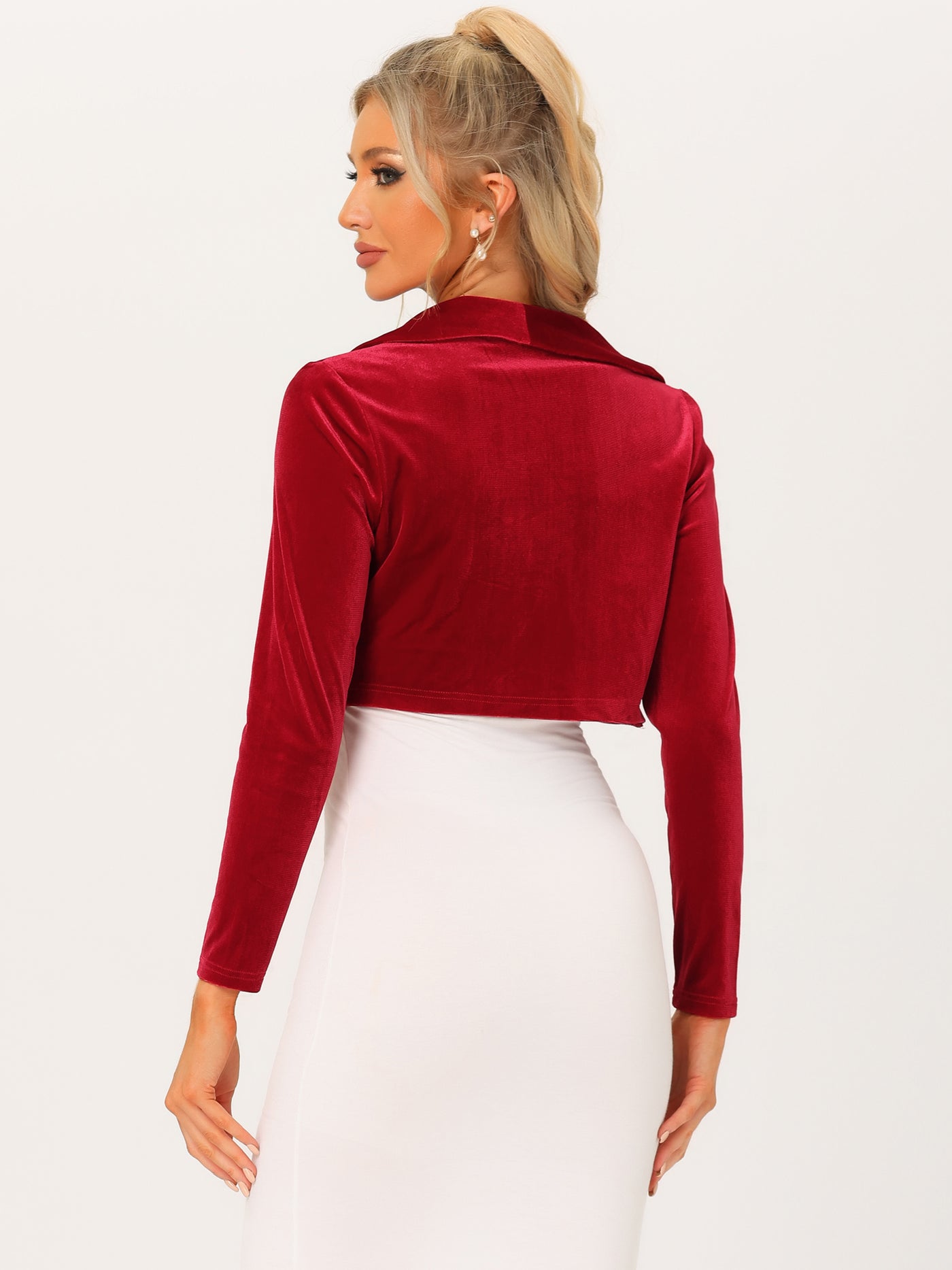 Allegra K Long Sleeve Lapel Collar Velvet Open Front Cropped Shrug Top