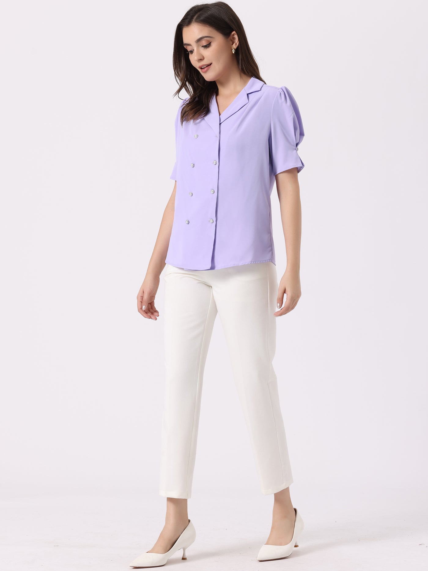 Allegra K Elegant Short Sleeve Button Down Exquisite Camp Collar Blouse