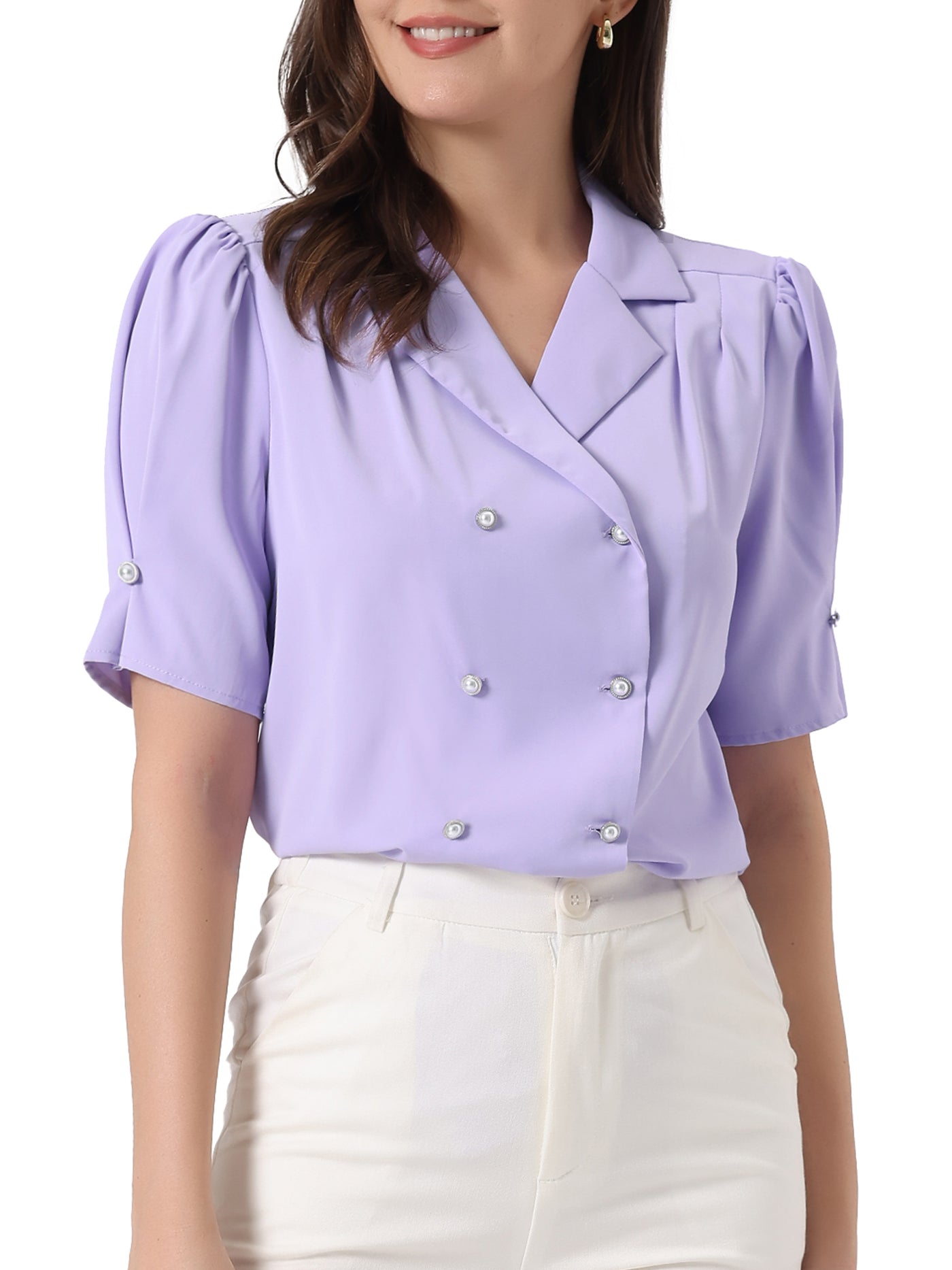 Allegra K Elegant Short Sleeve Button Down Exquisite Camp Collar Blouse