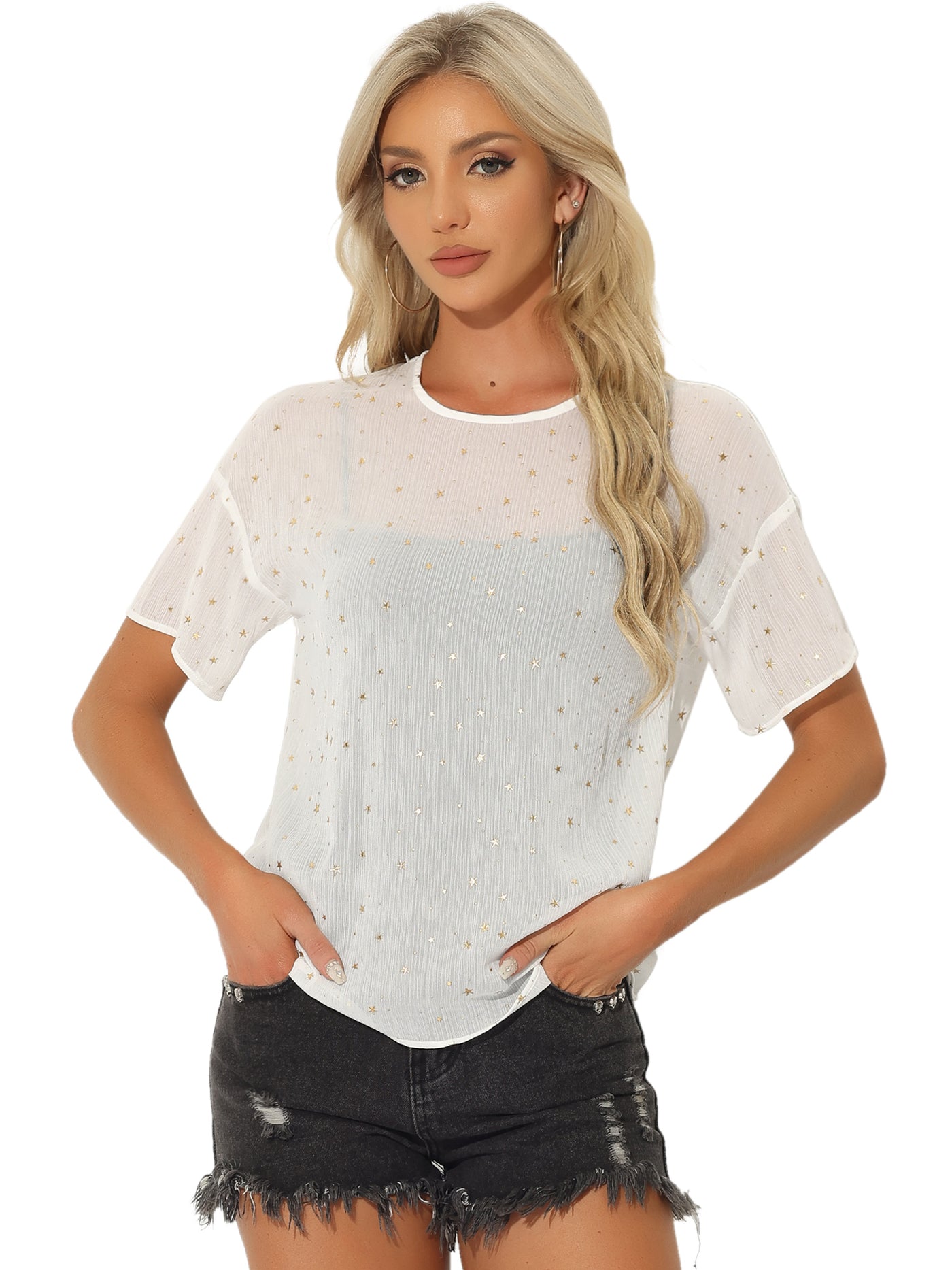 Allegra K Glitter Metallic Stars Sheer Short Sleeve T-Shirt