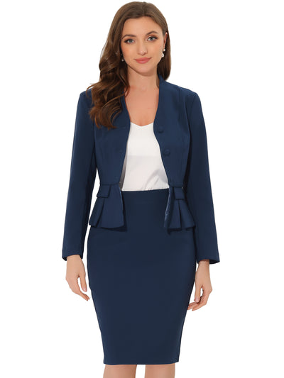 2 Piece Long Sleeve Collarless Peplum Blazer and Pencil Skirt Work Suit Set