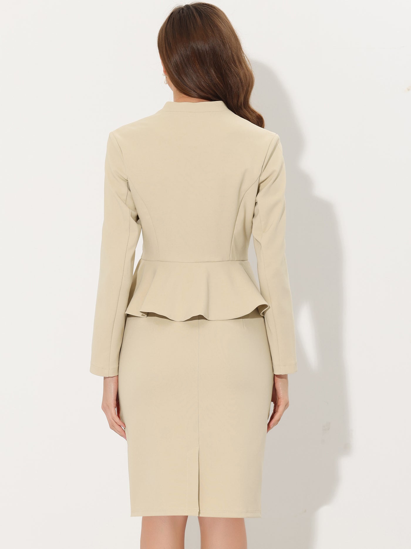 Allegra K 2 Piece Long Sleeve Collarless Peplum Blazer and Pencil Skirt Work Suit Set