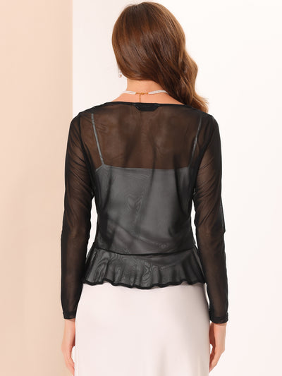 Ruffle Mesh Shrug Long Sleeves Self Tie Bolero Jacket