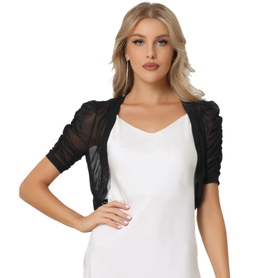 Short Sleeve Open Front Cropped Mesh Sheer Bolero Shrug