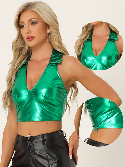 Holographic Crop Top Shimmering Shiny Party Halter Metallic Tops