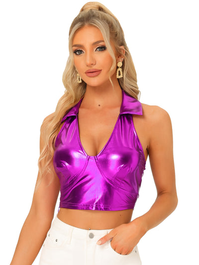 Holographic Crop Top Shimmering Shiny Party Halter Metallic Tops