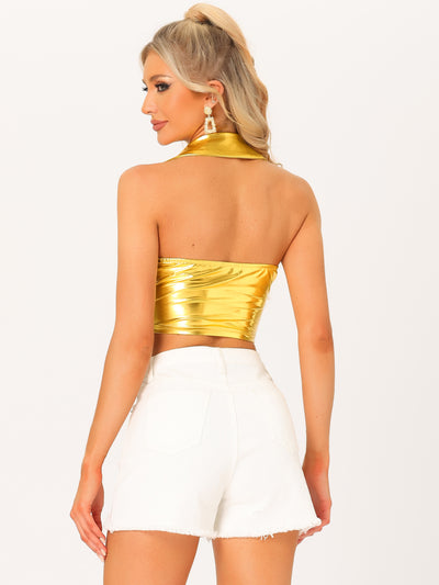 Holographic Crop Top Shimmering Shiny Party Halter Metallic Tops