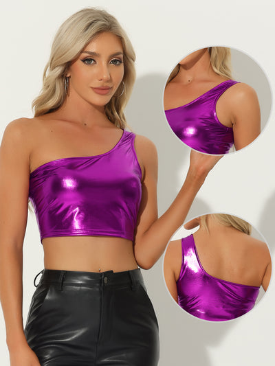 Metallic Cropped Top One Shoulder Party Blouse