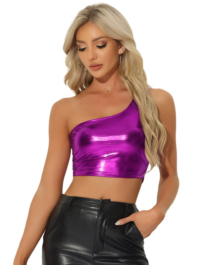 Metallic Cropped Top One Shoulder Party Blouse