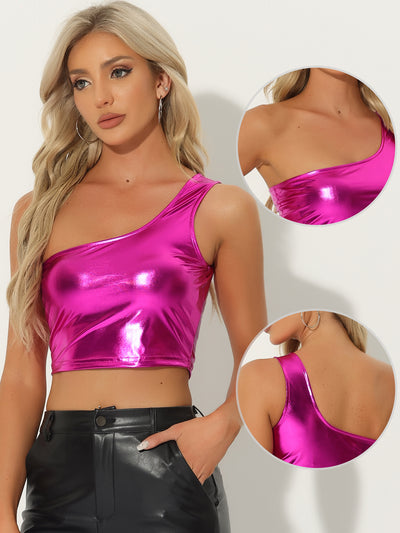 Metallic Cropped Top One Shoulder Party Blouse