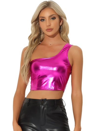 Metallic Cropped Top One Shoulder Party Blouse