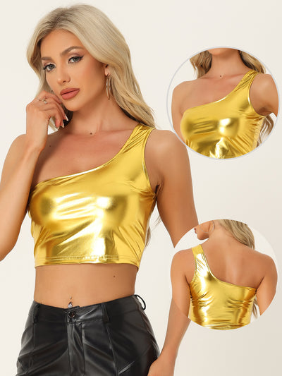 Metallic Cropped Top One Shoulder Party Blouse