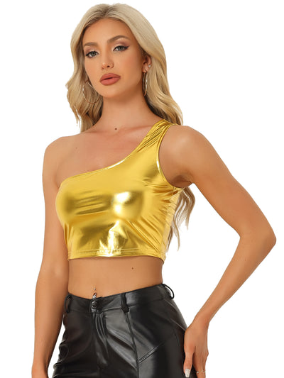 Metallic Cropped Top One Shoulder Party Blouse