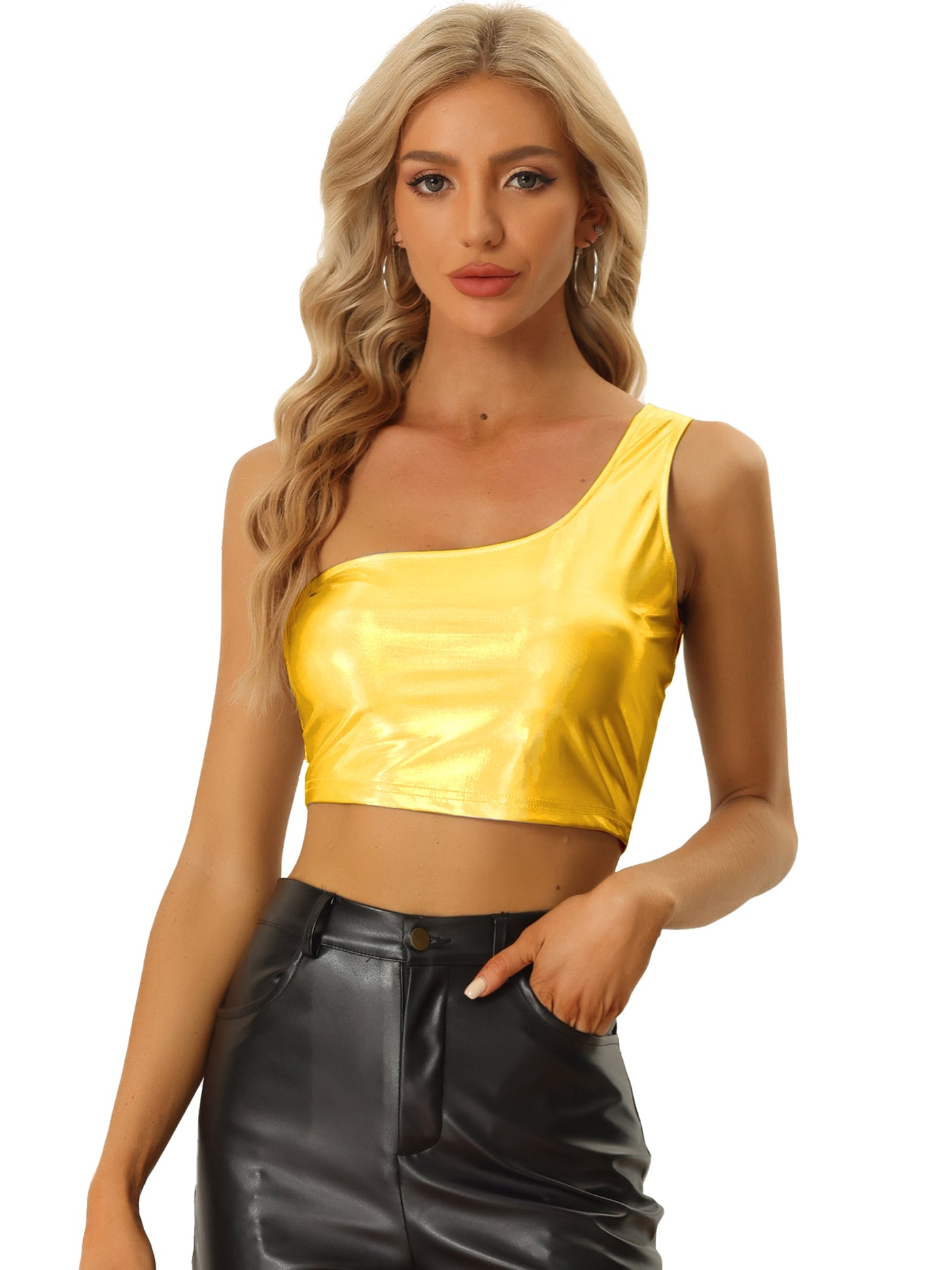 Allegra K Metallic Cropped Top One Shoulder Party Blouse