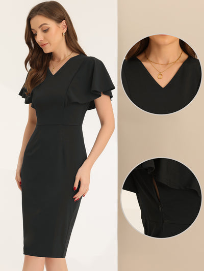 Pencil V Neck Flare Sleeve Wear to Work Sheath Midi Dress