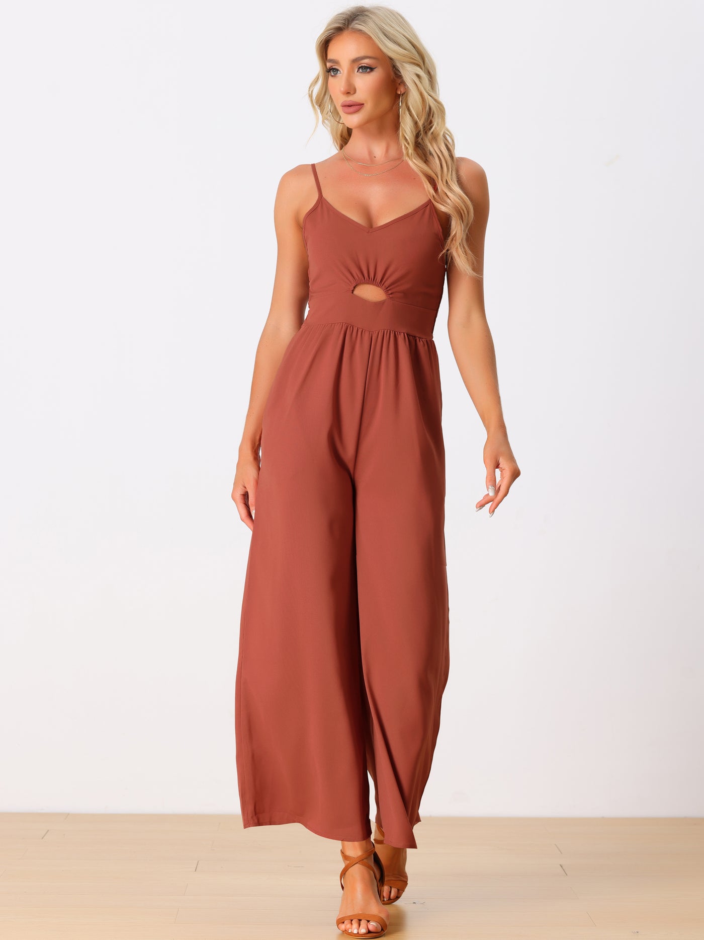 Allegra K Sleeveless Cut Out Smocked Loose Wide Leg Summer Jumpsuits