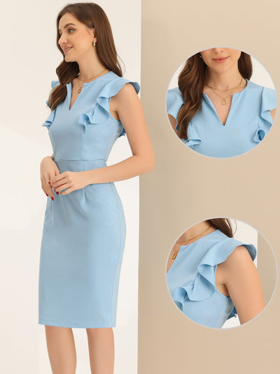 Ruffles V Neck Split Work Pencil Sleeveless Sheath Dress