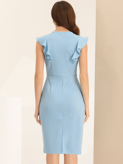 Ruffles V Neck Split Work Pencil Sleeveless Sheath Dress