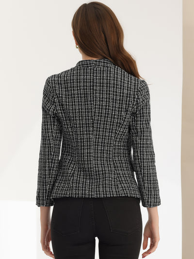 Long Sleeve Open Front Work Office Jackets Plaid Tweed Blazer