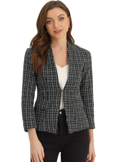 Long Sleeve Open Front Work Office Jackets Plaid Tweed Blazer