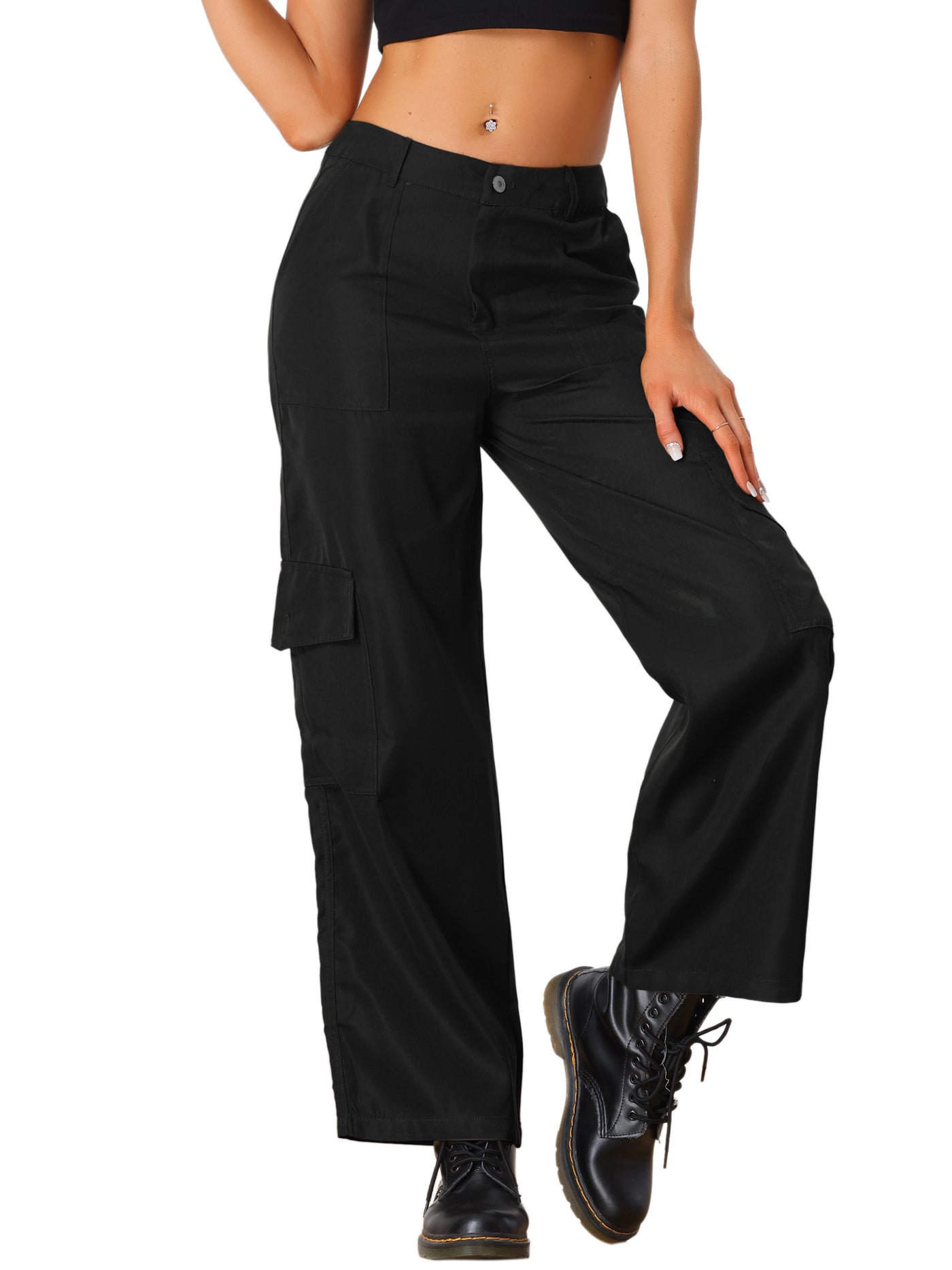 Allegra K Mid Rise Baggy Wide Leg Pockets Y2K Casual Cargo Pants