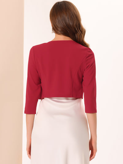 3/4 Sleeve Shrug Collarless Pleated Open Front Cropped Jacket