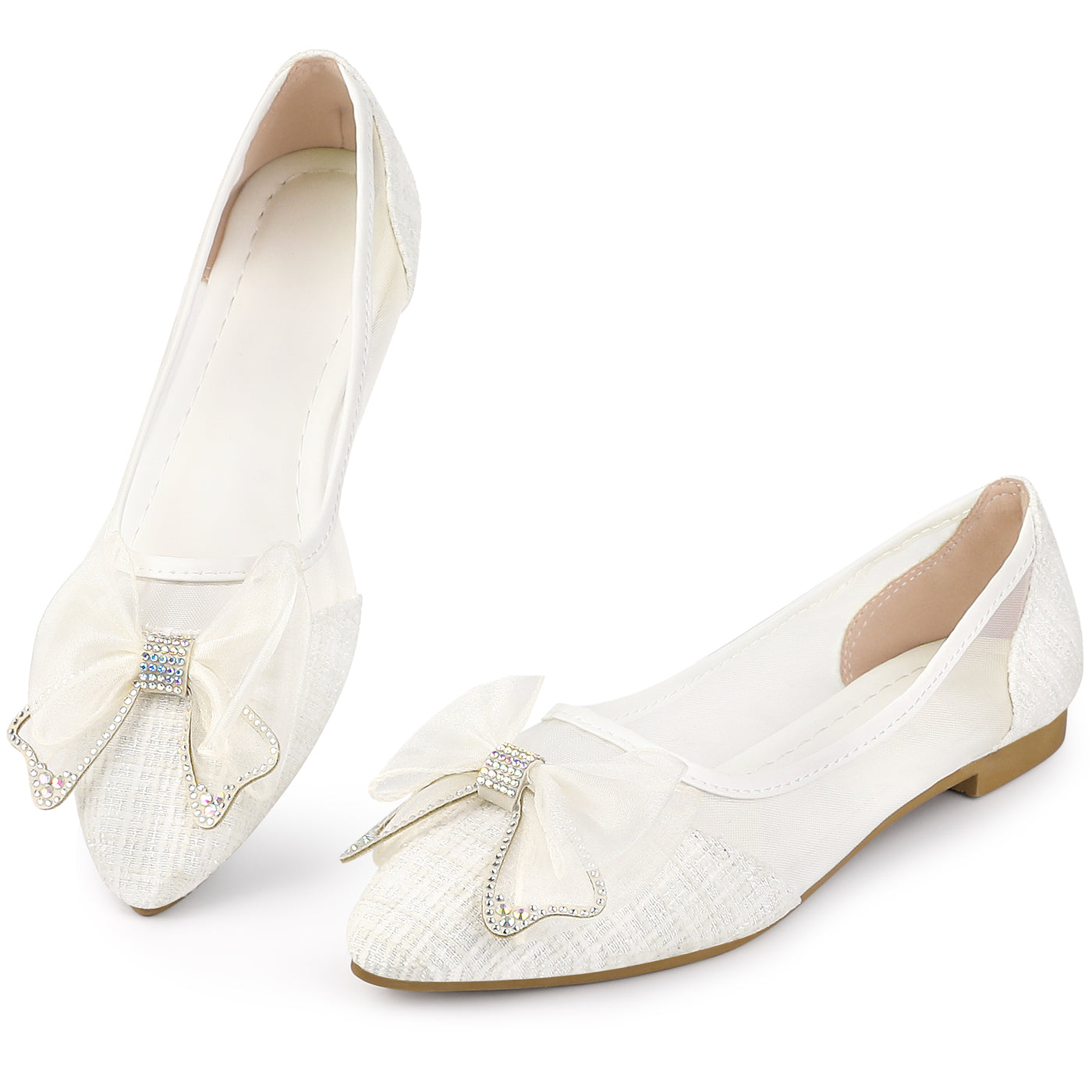Allegra K Women's Pointed Toe Rhinestone Bow Slip on Mesh Ballet Flats