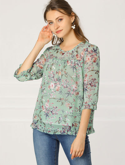 Casual Ruffle 3/4 Sleeve Floral Print Chiffon Blouse