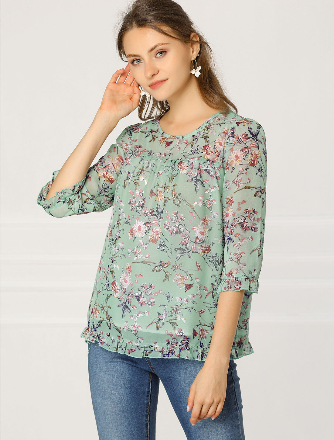 Allegra K Casual Ruffle 3/4 Sleeve Floral Print Chiffon Blouse