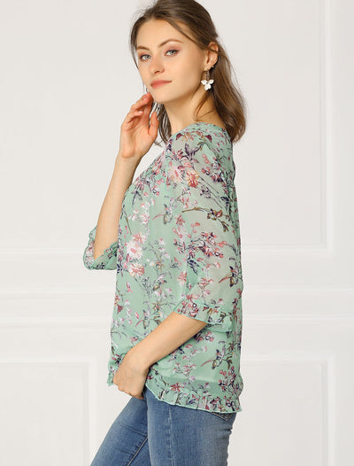 Casual Ruffle 3/4 Sleeve Floral Print Chiffon Blouse