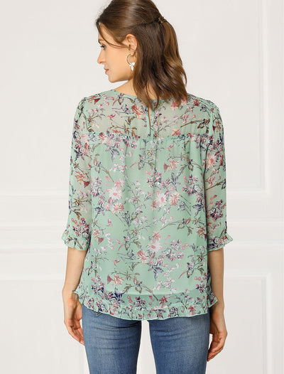 Casual Ruffle 3/4 Sleeve Floral Print Chiffon Blouse