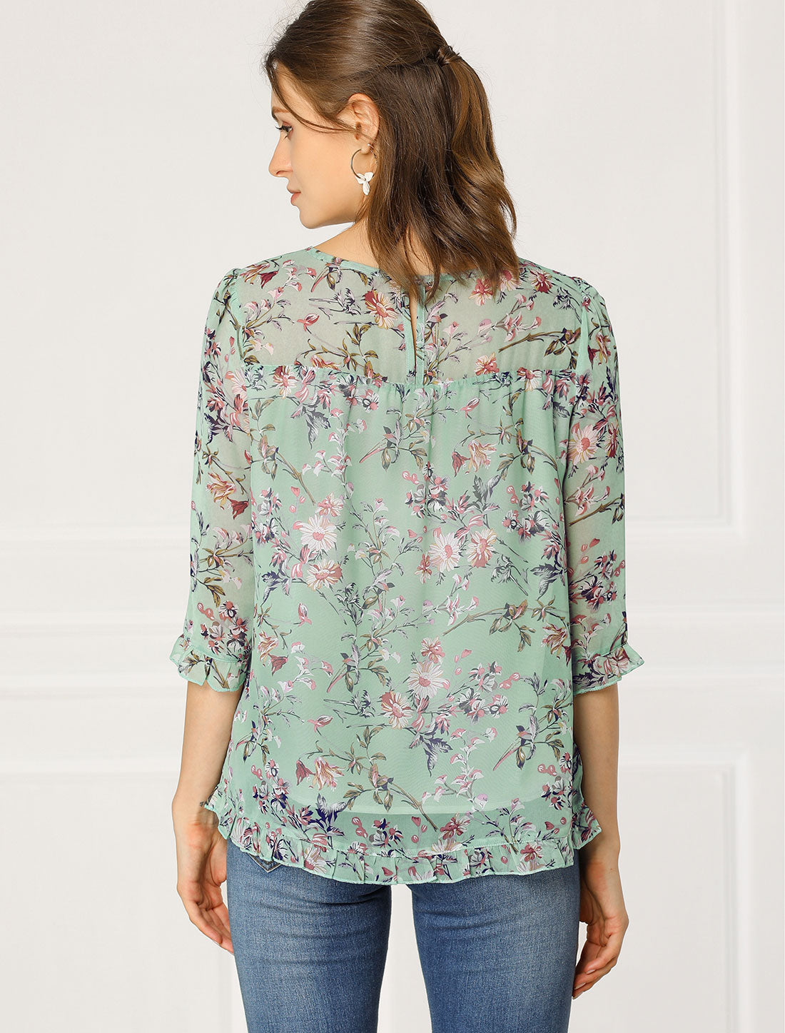 Allegra K Casual Ruffle 3/4 Sleeve Floral Print Chiffon Blouse