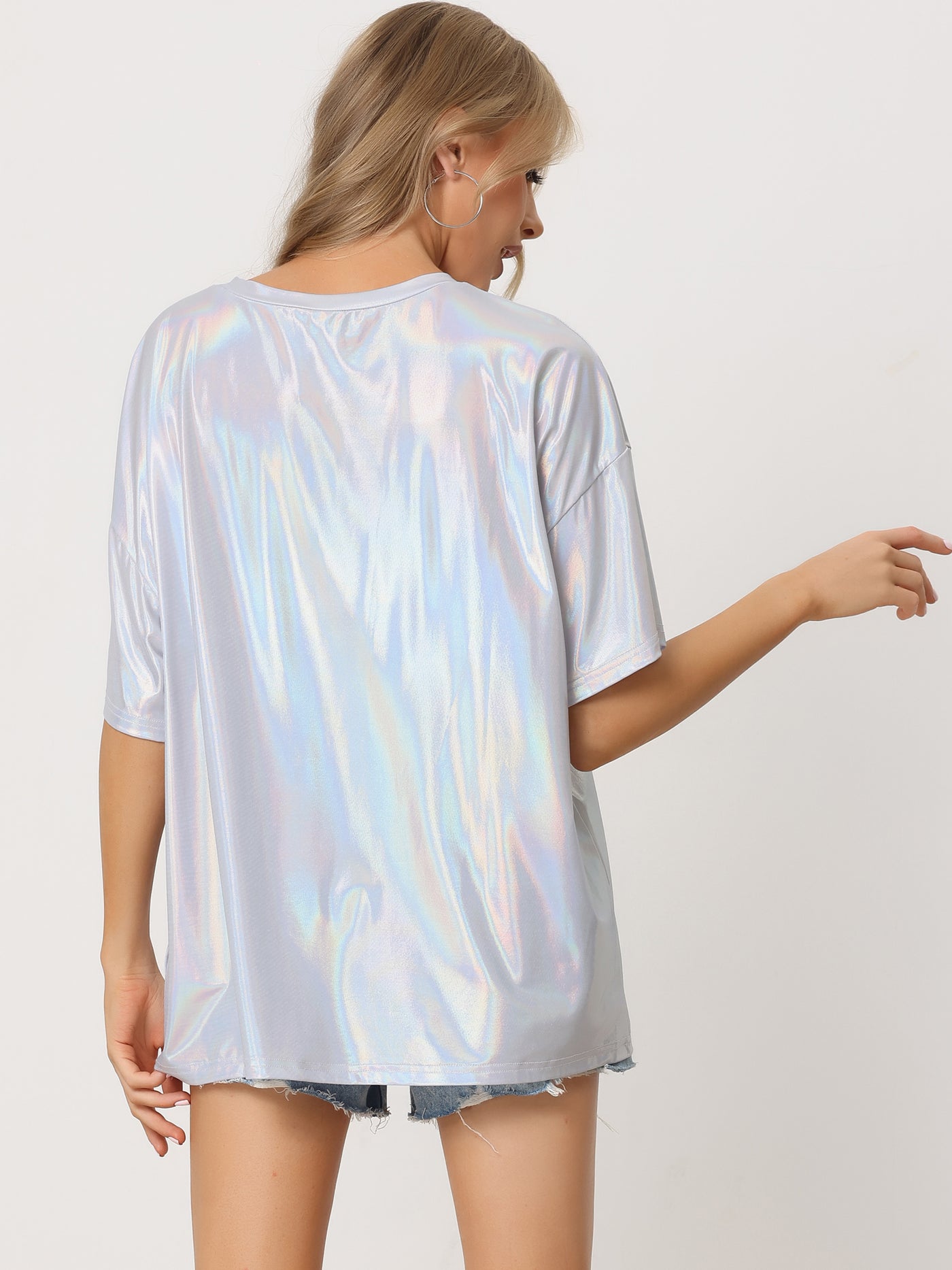 Allegra K Sparkly Short Sleeve Holographic Party Metallic T-Shirt Top