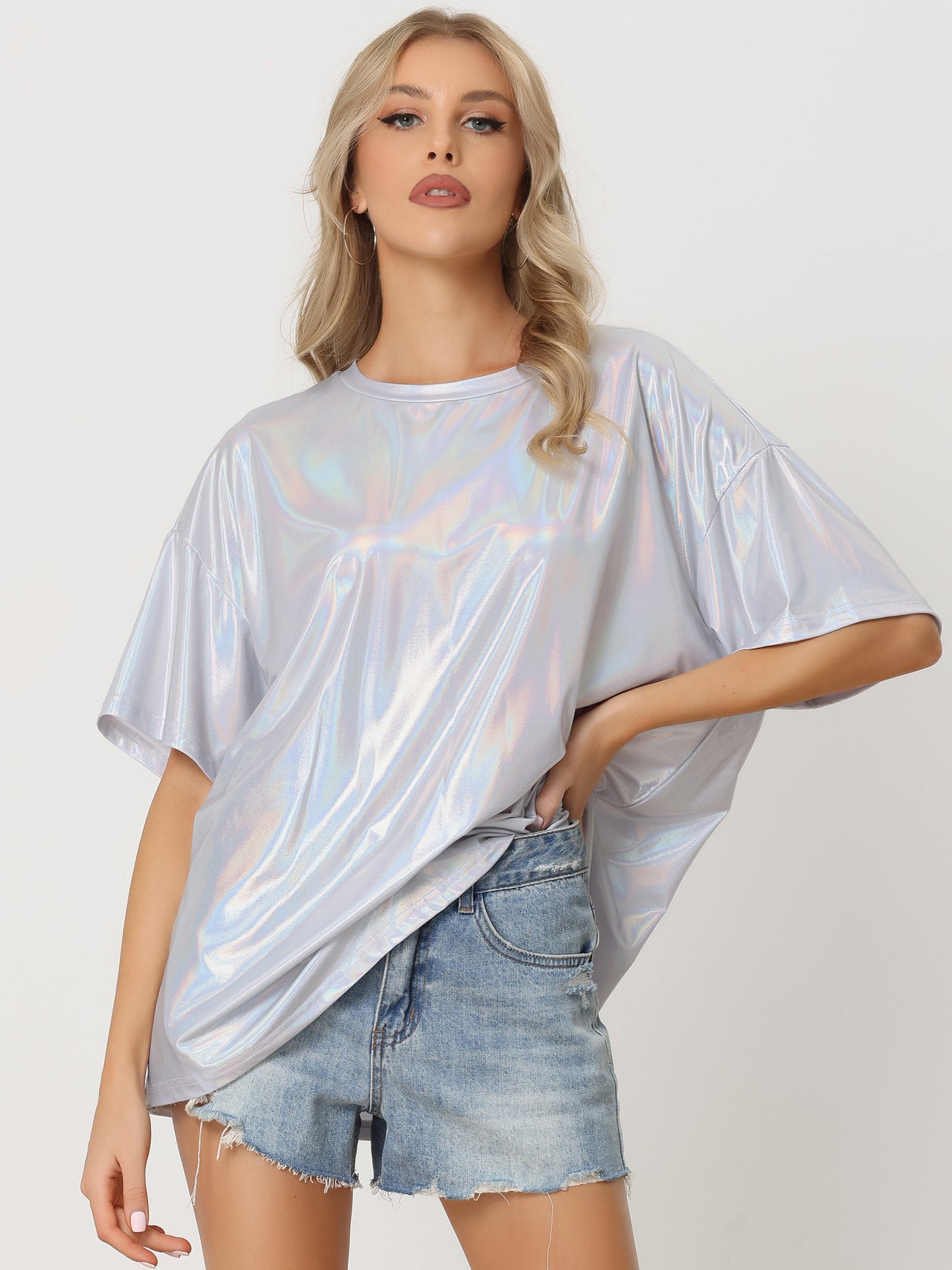 Allegra K Sparkly Short Sleeve Holographic Party Metallic T-Shirt Top