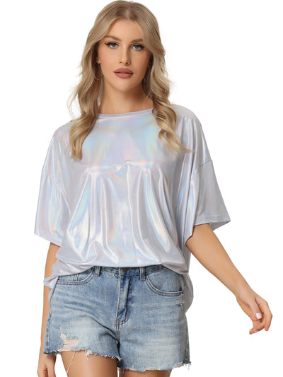 Sparkly Short Sleeve Holographic Party Metallic T-Shirt Top