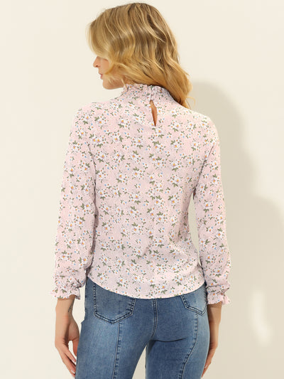 Floral Ruffled Vintage Boho Long Sleeve Mock Neck Blouse