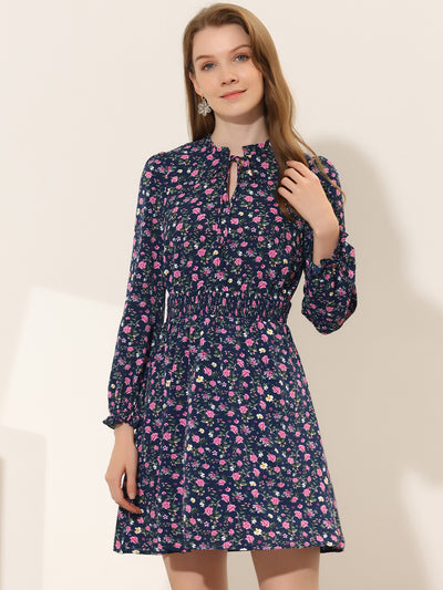 Smocked Waist Tie Neck Floral Long Sleeve Dress