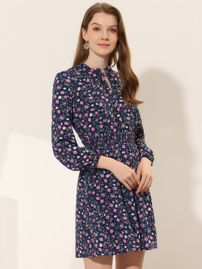 Smocked Waist Tie Neck Floral Long Sleeve Dress