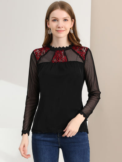 Lace Mesh Long Sleeve Top Round Neck Casual Elegant Blouse