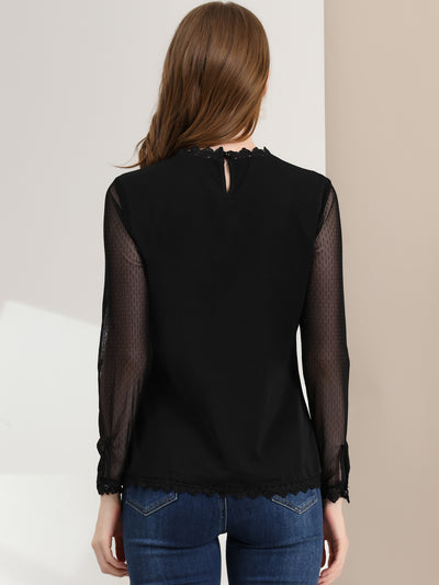 Lace Mesh Long Sleeve Top Round Neck Casual Elegant Blouse