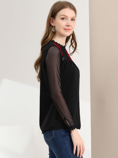 Lace Mesh Long Sleeve Top Round Neck Casual Elegant Blouse