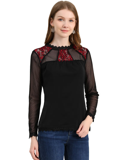 Lace Mesh Long Sleeve Top Round Neck Casual Elegant Blouse